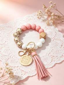 Fashionable Leopard Print Wooden Bead Bracelet Keychain With "Mom" Tag - Perfect Mother's Day And Birthday Gift, Personalized Bag Charm - Multicolor - View 5