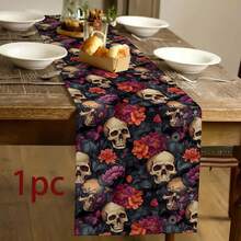 1 pièce Chemin de table style gothique avec motif de crâne et floral, style moderne, décoration de cuisine à la maison, fournitures de fête intérieur/extérieur, convient pour la décoration quotidienne de la cuisine à la maison et la décoration d'événements, décoration d'Halloween. - Multicolore - Voir 8