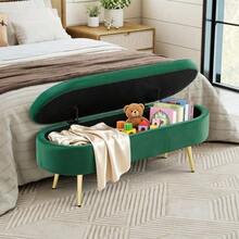 Multifunctional Storage Bench, Soft Chenille Fabric, Wooden Legs, Solid Wood Frame, 20L Storage Space, 110x40x42cm, For Bedroom, Living Room, Shoe Bench, Hallway - 墨綠色 - 查看 3