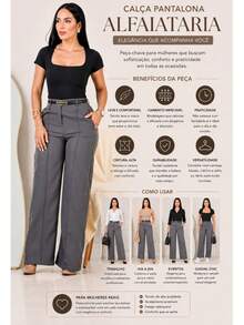 Kit 2 Calça Pantalona Alfaiataria Social Feminina Elegante C/ Cinto - Preto / Cinza - Visão 4