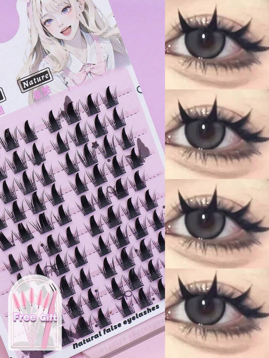 Bulu Mata Palsu Berbentuk Duri Setan Gaya Manga, Bulu Mata Berbentuk Duri Tajam Gaya Anime, Ekstensi Bulu Mata DIY Segmen Gaya Gothic Keren untuk Cosplay, Bulu Mata Palsu Berduri yang Berlebihan, Termasuk Alat Pemasangan Bulu Mata - C - View 1