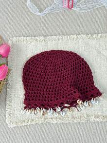 1 Peça Touca de Crochê Feita à Mão com Borla de Concha para Mulheres, Moda Primavera/Verão Fina Y2K, Touca de Crochê Tricotada com Borla, Adequada para Uso Diário, Férias, Decoração de Fotografia Boêmia - Multicolorido - Visão 15
