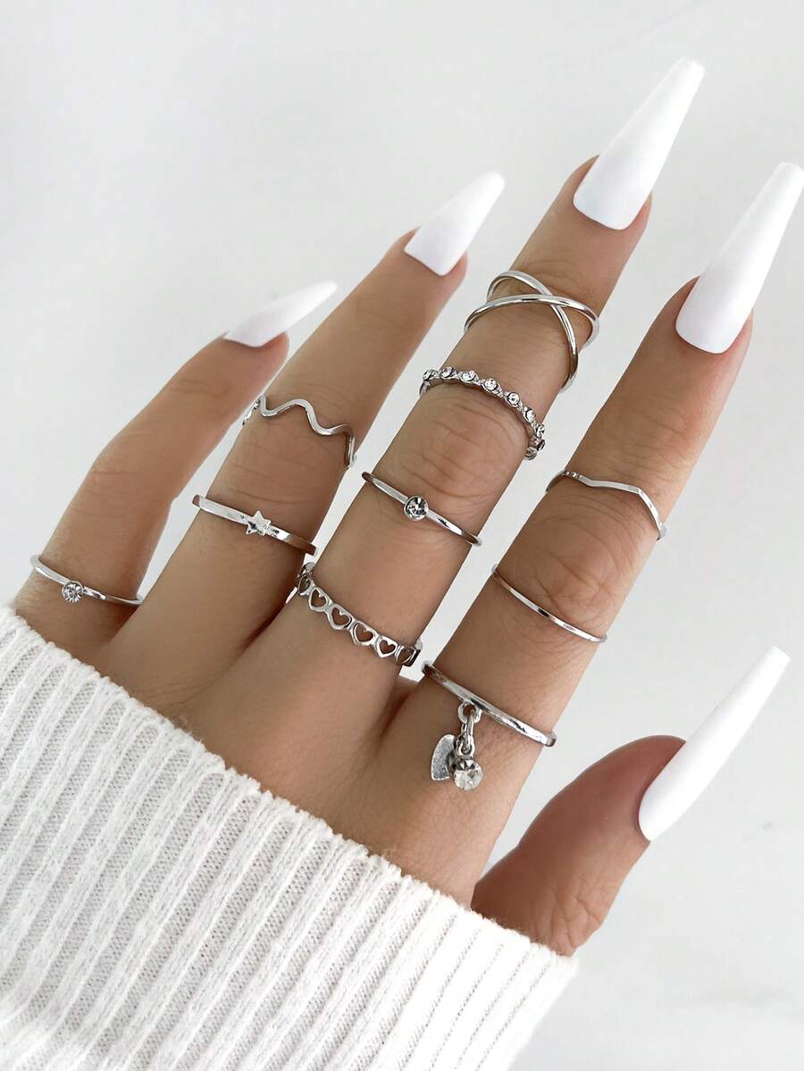 Set de 10 anillos finos plateados minimalistas estilo Ins, anillos apilables con corazón hueco, onda, estrella y strass, anillos de dedo índice elegantes y sencillos para mujer - Plateado - Ver 1