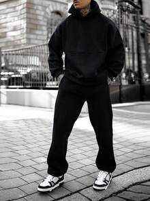 Conjunto de 2 piezas de sudadera y pantalón de chándal de ajuste regular, de unicolor y de peso ligero para hombre, para primavera/otoño - Negro - Ver 5