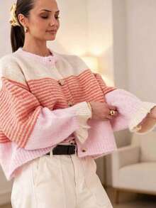Plus Size Women's Casual Colorblock Striped Cardigan, Autumn/Winter - Multicolor - View 5