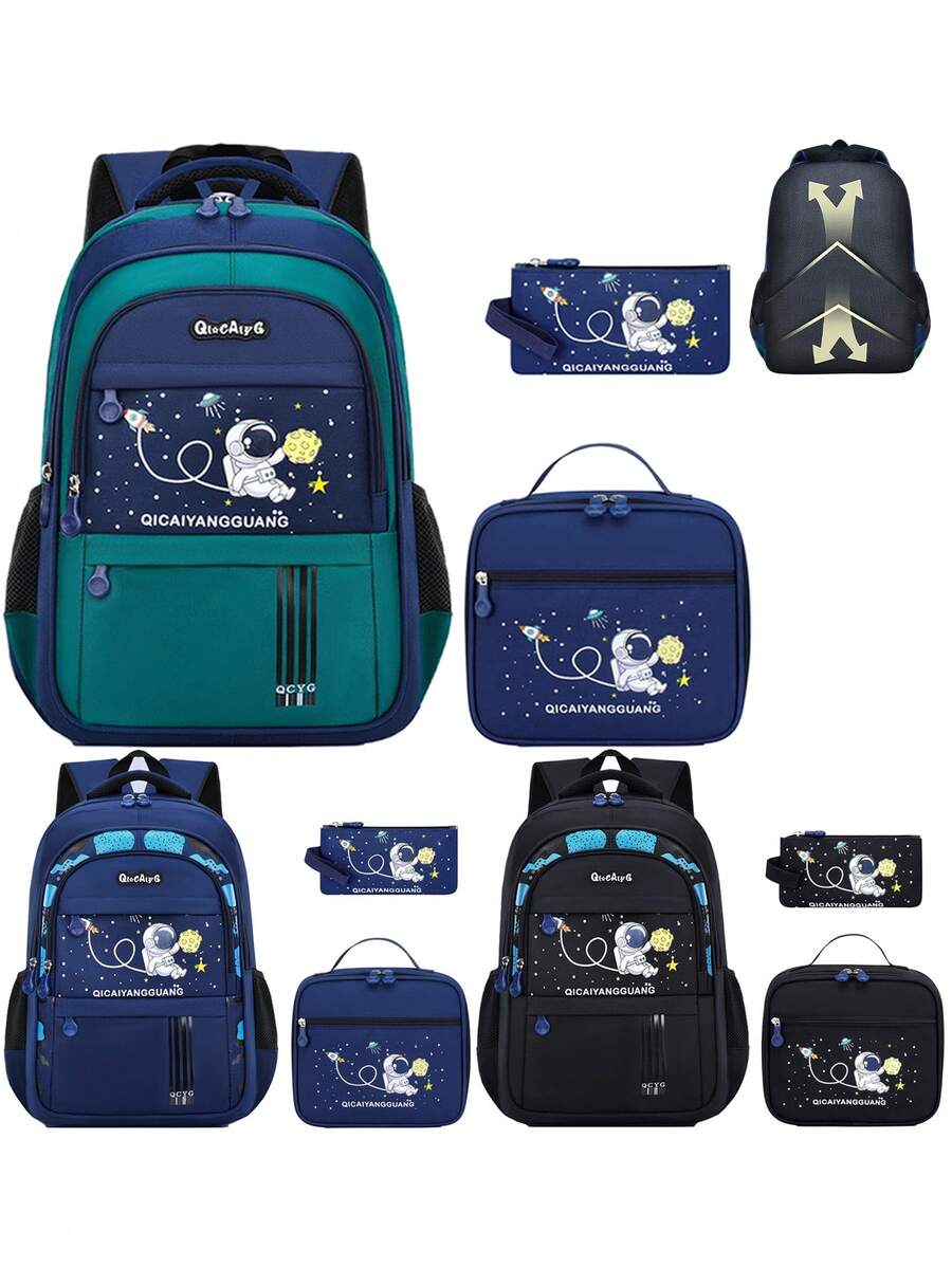 3pcs Kid's Cartoon Backpack With Handbag Pencil Case, Astronaut Back To School Bag, Large Capacity School Backpack, For Children Aged 7 To 14
