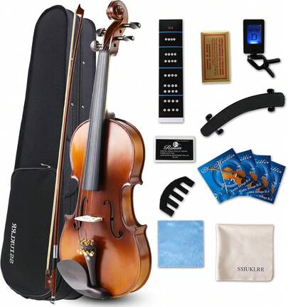 Violin 1_2 Set, Beginner Violin For Kids,Students,1_2 Violin With Spruce,Maple And Pure Ebony Accessories,1_2 Size Solid Violin For Beginner Ages 5-9 Gift,Decoration(Natural-1_2)