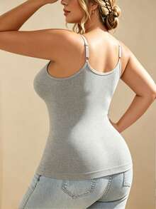 1 pieza, EssElegance, Camiseta de tirantes talla grande, Estilo primavera/verano, Estilo para todas las estaciones, Estilo deportivo, Sujetador deportivo talla grande, Camiseta deportiva de tirantes talla grande, Acanalada, Espalda descubierta - Gris - Ver 5