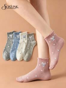 5 Pairs Frill Trim Rabbit Heart Short Socks For Women, Japanese Soft Girl Cute Casual Women's Socks, Versatile Preppy Style Ladies Socks - Multicolor - View 6
