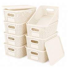 8 Pack Plastic Storage Baskets With Lids, Stackable Storage Organiser Bins - View 1