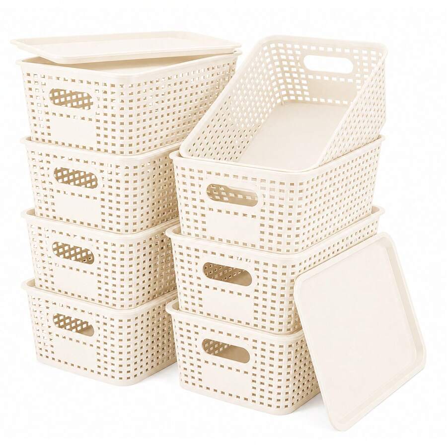 8 Pack Plastic Storage Baskets With Lids, Stackable Storage Organiser Bins - View 1