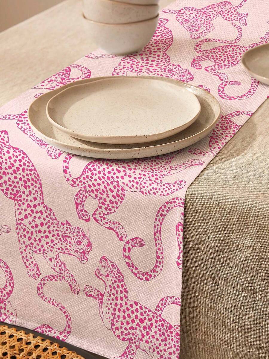 1pc Vintage Pink Line Drawing Leopard Pattern Printed Linen Table Runner, Placemat, Suitable For Holiday, Party, Birthday, Dinner, Kitchen Dining Table Decoration, Shoe Cabinet Storage Cabinet Cover, All Season Room Decor, Home Textile Decoration Table Runner, Placemat - Multicolor - View 1