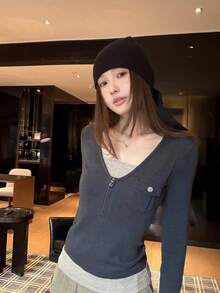 Women's Long Sleeve T-Shirt, Spring/Autumn New Style, Zipper Slim Fit Base Layer, 2 In 1 Top Casual - Dark Grey - View 4