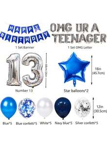 44件組 藍色主題「OMG UR A Teenager」橫幅、數字13星星箔氣球、藍色箔亮片氣球，適合聖誕裝飾 - 彩色 - 查看 6