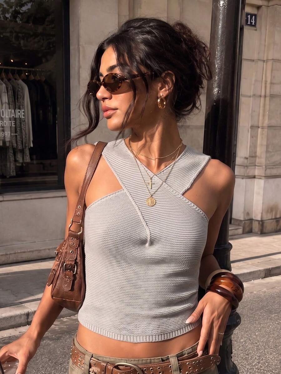 Women's Knitted Criss-Cross Spaghetti Strap Sleeveless Cropped Solid Color Textured Fitted Tank Top, Spring/Summer Inner Layer Sweater - Grey - View 1