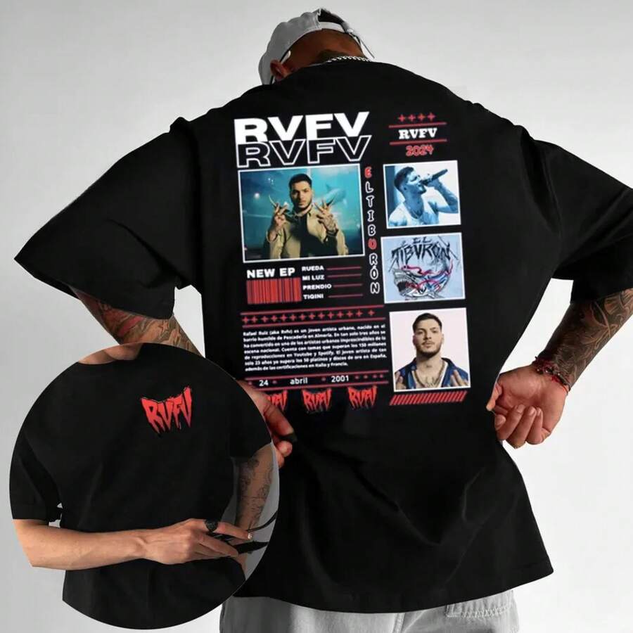 2026 Summer New Men's High Quality Cotton Casual Graphic T-Shirt Rapper RVFV Eltiburón Tour Short Sleeve Retro Loose Fashionable - Color 1 - View 1