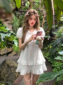 Gaun Mini Musim Panas Manis dengan Hiasan Ruffle dan Tali Leher untuk Wanita Bertubuh Mungil, Warna Putih Elegan - Putih - View 4