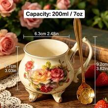 歐式復古花卉陶瓷茶杯碟套組，7oz/200ml 玫瑰瓷製帶底座咖啡杯，復古 Coquette 風格下午茶套組，送給女性的浪漫禮物 - 爛漫玫瑰花 - 查看 4