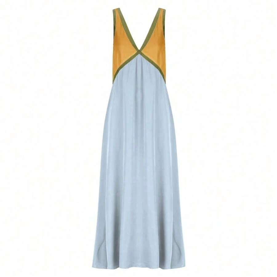 V-Neck Sleeveless Color Blocking Color Clash Swing Dress - 黃色 - 查看 1