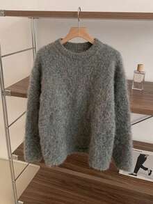 EAVA Dark Gray Round Neck Knit Sweater, Fluffy Curly Plush Fabric With Misty Atmosphere, Soft Thick Warm And Non-Irritating, Loose Drop Shoulder Wide Sleeve Hiding Body Shape And Slimming, Simple All-Match Round Neck With Ribbed Cuffs Resistant To Deformation, Short Loose Body Optimizing Body Proportion, Low Saturation High-End Gray Suitable For All Skin Tones, Suitable For Single Wear Or Layering In Autumn/Winter, Versatile Casual Lazy Pullover Top - Dark Grey - View 2