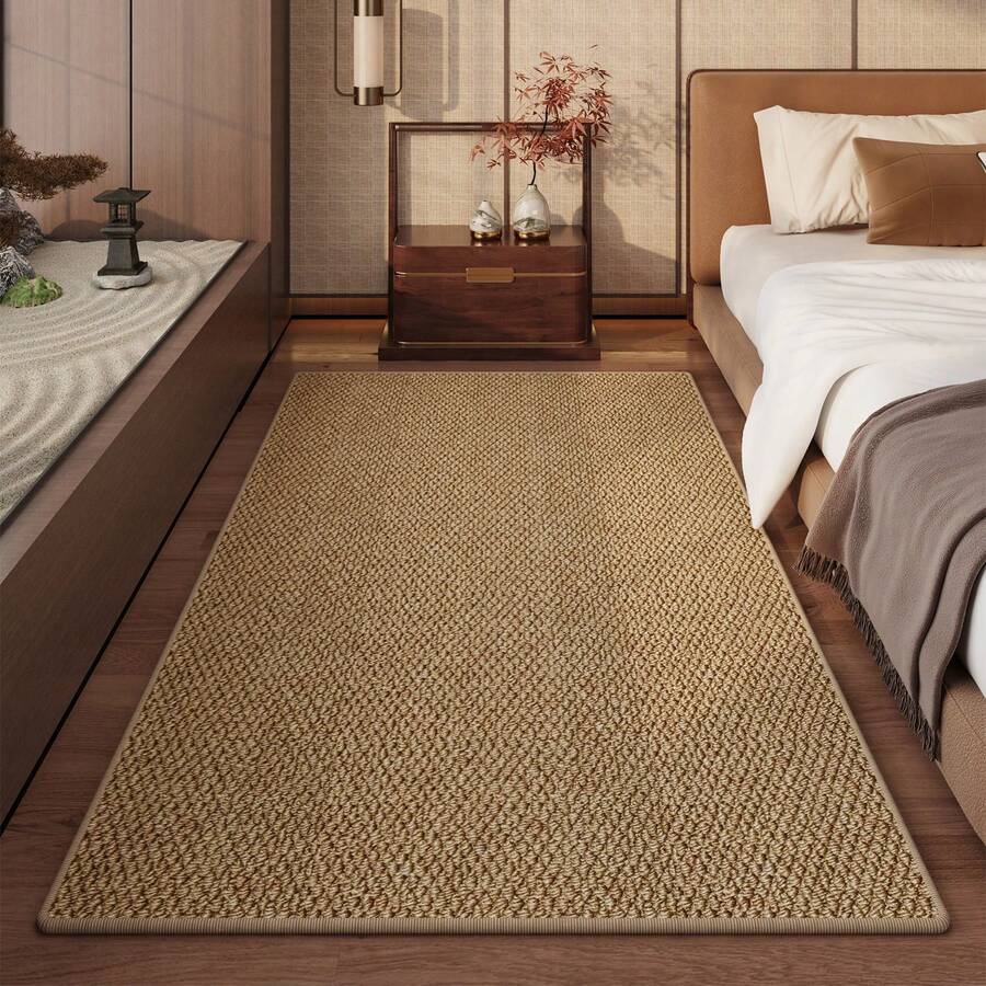 Schlafzimmerteppich aus Kunst-Sisal-Leinen, Bettteppich für das Hauptschlafzimmer, japanischer Wabi-Sabi-Stil, Premium rutschfeste Bettmatte - cremefarben - Übersicht 1