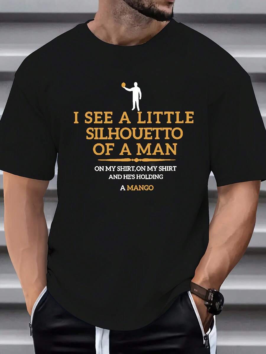 The Men Are Very Good,I Saw A Small Silhouette Of A Man,He Is Holding A Piece Of Clothing With A Mango Pattern Print T Shirt . - Black - View 1