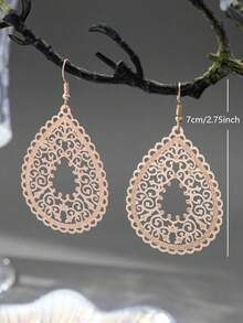 1 Pair Vintage Fashion Geometric Hollow Design Metal Earrings For Women, Suitable For Daily Wear - Gold - E1703 - View 4