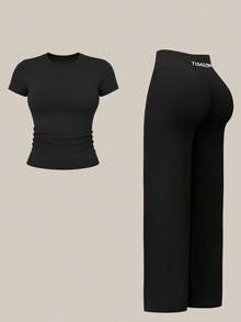 TimeOff 1 Set Women Solid Color Fitted Round Neck Short Sleeve Top And Straight Leg Pants Sports Suit - Black - View 10