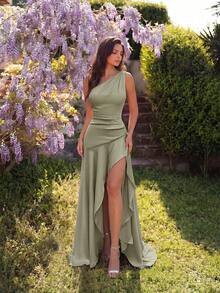 Elisanya Elegant One-Shoulder High-Waist Asymmetrical Pleated Backless Floor-Length Party Dress, Suitable For Prom, Evening Party, Date, Wedding Guest, Formal Dinner - Mint Green - View 7