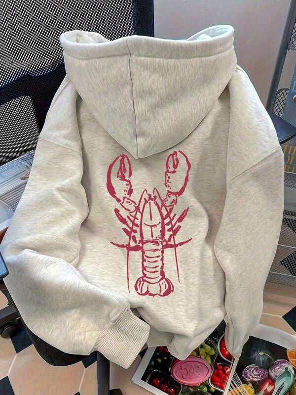 Lobster Print Hooded Sweatshirt, Plus Size Women's Casual Autumn/Winter Long Sleeve Pocket Sweatshirt, Suitable For Winter Holiday Outfits, Beach Outfits, Vacation Outfits, Halloween Outfits, Thanksgiving Outfits, Christmas Outfits, New Year Outfits. Suitable For Daily Wear, Going Out Tops, Outings, Holidays, Beach, Parties, Birthdays, Beach, Balls, School, Graduation, Luxury, Vacation, Commuting, Fitness, Weddings, New Year, Fashion, Winter Tops, Women's Autumn Outfits, Holiday Clothing
