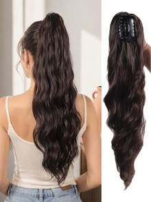 22 Inch Long Synthetic Wavy Ponytail Hair Extension For Women, Fashion Gradient Gold, Burgundy, Black, Brown, Heat-Resistant Material, Clip-In Ponytail For Party And Festival - Multicolor - View 14