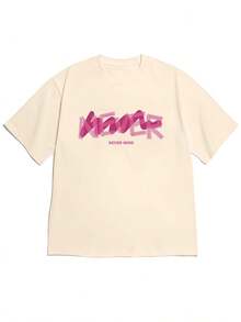 2026 Spring/Summer New Women's Off-Shoulder Short-Sleeve T-Shirt With 'NEVER MIND' Creative Graffiti Font,  Text, Sweet And Cool Street Style, C - Apricot - View 1