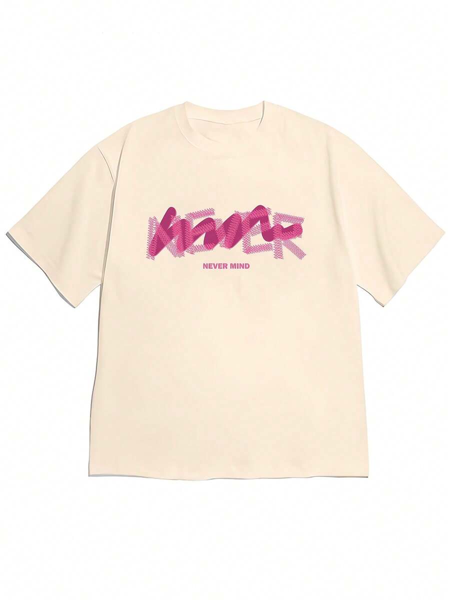 2026 Spring/Summer New Women's Off-Shoulder Short-Sleeve T-Shirt With 'NEVER MIND' Creative Graffiti Font,  Text, Sweet And Cool Street Style, C - Apricot - View 1
