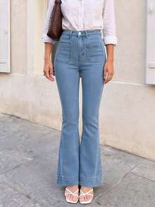 Women's Pocket Design Stretch Flare Jeans - Medium Wash - View 2