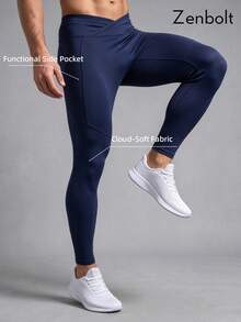 Zenbolt Men's V-Waist Slim Fit Athletic Legging Pants With Pockets,High Elasticity Compression Activewear Bottoms For Gym Training Running Daily Wear - Navy Blue - View 1