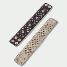 Noxbound 1pc Rhinestone Embellished Wide Retro Western Wasteland Biker Leather Cuff Bracelet - Bracelet - View 10