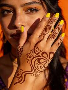 8件組 Mehndi 漢娜紋身模板套裝，傳統花卉圖案 Mehndi 模板，可重複使用手部紋身貼紙，適用於節日、海灘派對 DIY 裝飾 - 黑色 - 查看 4