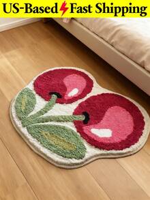1Pc Cherry Fruit Bathroom Mat 50X62cm(19.7X24.4inch) Cherry-Shaped Puffy Velvet Bath Mat Non-Slip Shaped Christmas Series Faux Cashmere Rug Home Decor Living Room Bedside Rug Bathroom Absorbent Mat, Cartoon-Style Faux Cashmere Rug Home Bathroom Mat - 彩色 - 查看 9