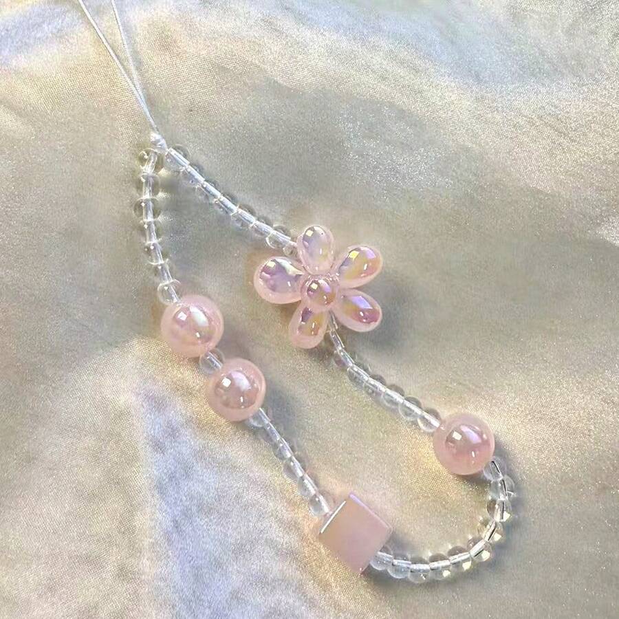 1 pieza Correa para teléfono con imitación de cereza de dibujos animados, linda, correa para cámara CCD, colgante de cuentas hecho a mano, correa de muñeca anti-pérdida DIY - flores rosas - Ver 1