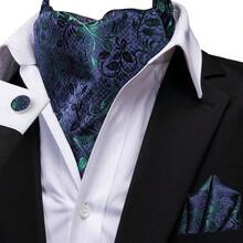 Navy Blue Green Leaf Vine Ascot Cravat And Accessories, 4 In 1 Formal Neckwear Set With Corsage For Banquet - Mint Blue - View 2