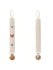 1pc Infant Pacifier Clip With Wooden Bead, Heart Bear Design, Cartoon Embroidery, Teether, Hanging Rope Anti-Drop Chain - White - View 1