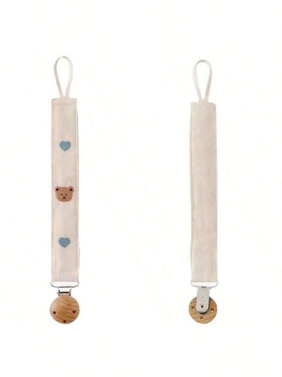 1pc Infant Pacifier Clip With Wooden Bead, Heart Bear Design, Cartoon Embroidery, Teether, Hanging Rope Anti-Drop Chain - White - View 1