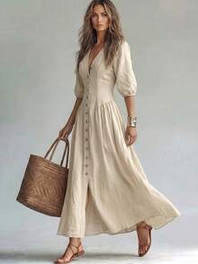 Solid Beige Full Front Button Decor Deep V-Neck Puff 3/4 Sleeve Shirt Dress, Suitable For Beach Vacation, Summer Holiday Party, Autumn, Bohemian Style - Apricot - View 3