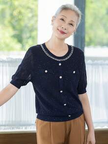 女款時尚海軍藍珍珠飾邊開襟針織上衣，前扣鈕扣針織毛衣 T-shirt，適合萬聖節、感恩節、聖誕節節日穿搭 - 藏蓝色 - 查看 2