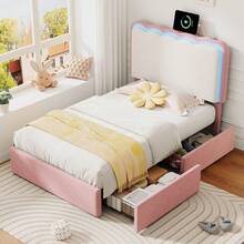 Flieks 3ft Single Upholstered Bed Frame With Adjustable LED Wavy Headboard, 2 Storage Drawers, Pink & Cream White - Pink - View 2