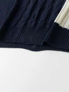 Men's Colorblock Chunky Knit Crew Neck Pocket Bear Embroidered Loose Casual Pullover Sweater - Navy Blue - View 7