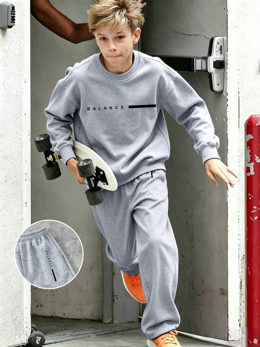 2pcs/Set Boys Casual Minimalist Letter & Black Stripe Print Crew Neck Sweatshirt & Pants Set, Autumn/Winter Fashion Comfortable New Style - Grey - View 1