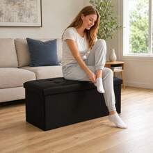 Faux Leather Foldable Storage Ottoman 76*37*37cm, Storage Box With Lid & Seat, Cube Foot Stool Bench - Black - View 5