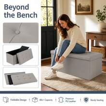 Faux Leather Foldable Storage Ottoman 76*37*37cm, Storage Box With Lid & Seat, Cube Foot Stool Bench - Light Grey - View 4