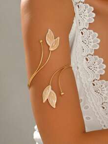 1pc Casual Minimalist Gold Leaf Oil-Drip Metal Arm Cuff, Niche Design Adjustable Open Cuff Bracelet Body Chain For Women, Party, Prom, Holiday, Gift For Best Friend - Meat Powder - View 3